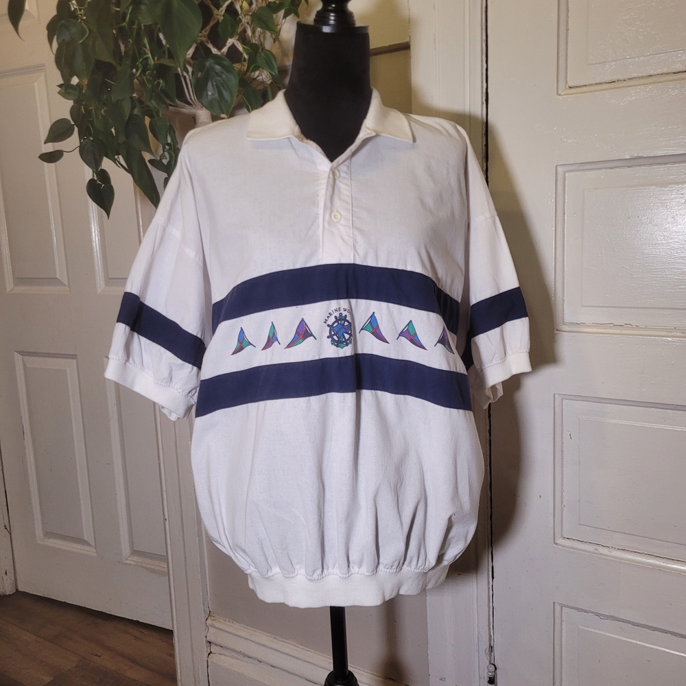 Vtg Dad Gear Nautical Members Only "Marine Works" White Polo Shirt/t345